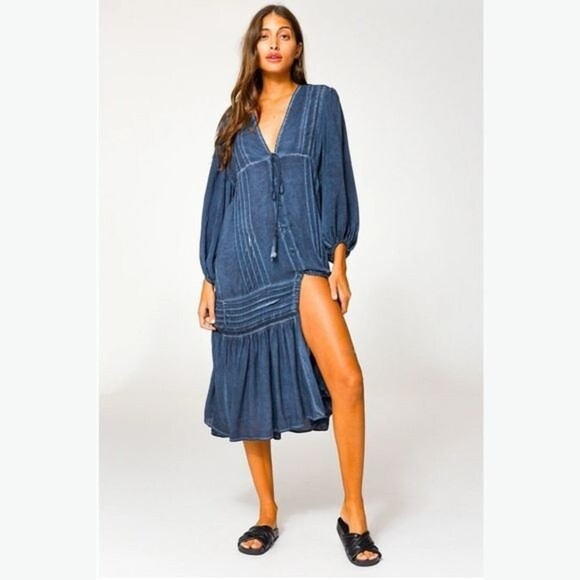 Young Fabulous & Broke 'Joplin' Boho Balloon Sleeve V-Neck Midi Dress Small NWT - Picture 11 of 13